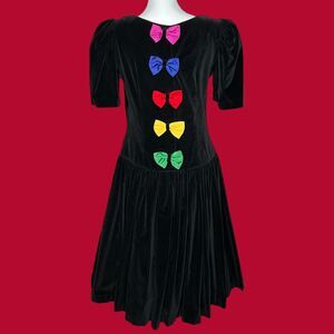 Vintage Black Velvet 80s Drop Waist Back Rainbow Bows Whimsygoth Dress 11/12 S